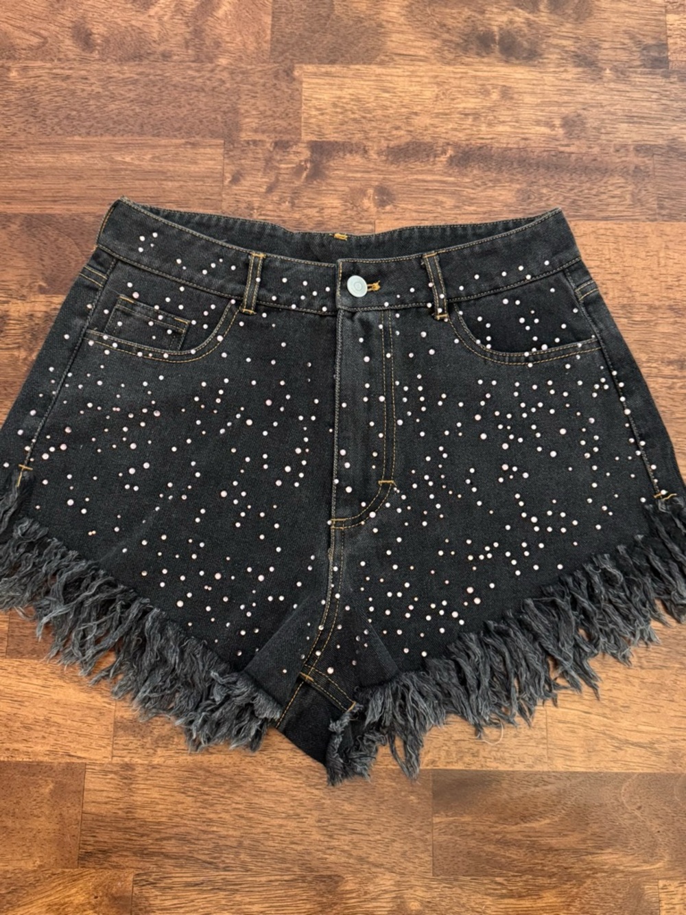 Peach Love California Black Jean Shorts with Silver Studs & Fringed Hem